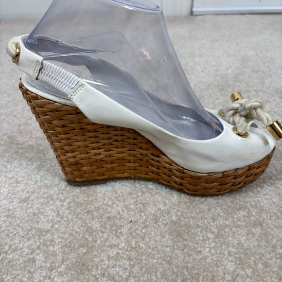 Tory Burch White Patent Leather Rope Detail Wedge Peep Toe Size 8.5 - Picture 6 of 12